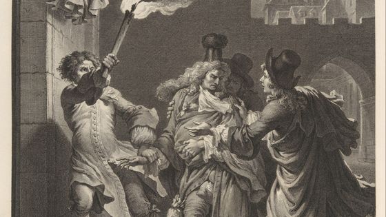 Détail d'une illustration des "Plaideurs" de Jean Racine scène IV. gravure extraite d'un livre publié en 1801 des œuvres de Racine. - the Metropolitan Museum of Art. Domaine Public