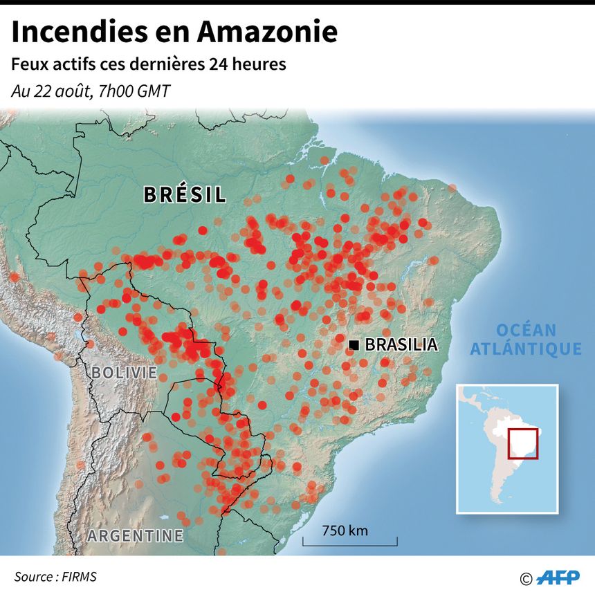 Les incendies toujours actifs en Amazonie le 22 août