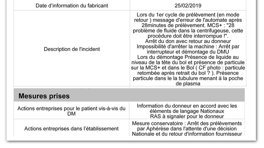 Rapport d'incident à l’EFS Martinique le 25 février 2019 sur une machine Haemonetics.