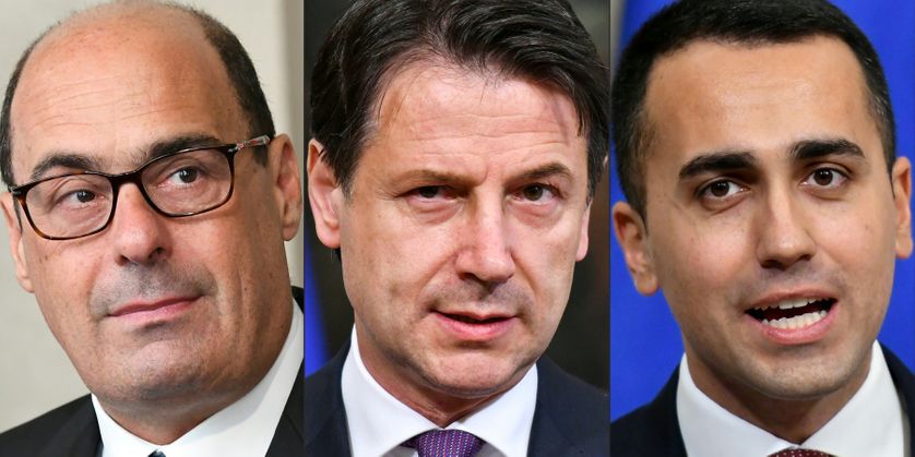 De gauche à droite, Nicola Zingaretti, le leader du Parti démocrate, Giuseppe Conte, le président du conseil sortant, et Luigi Di Maio, le chef du Mouvement 5 Etoiles