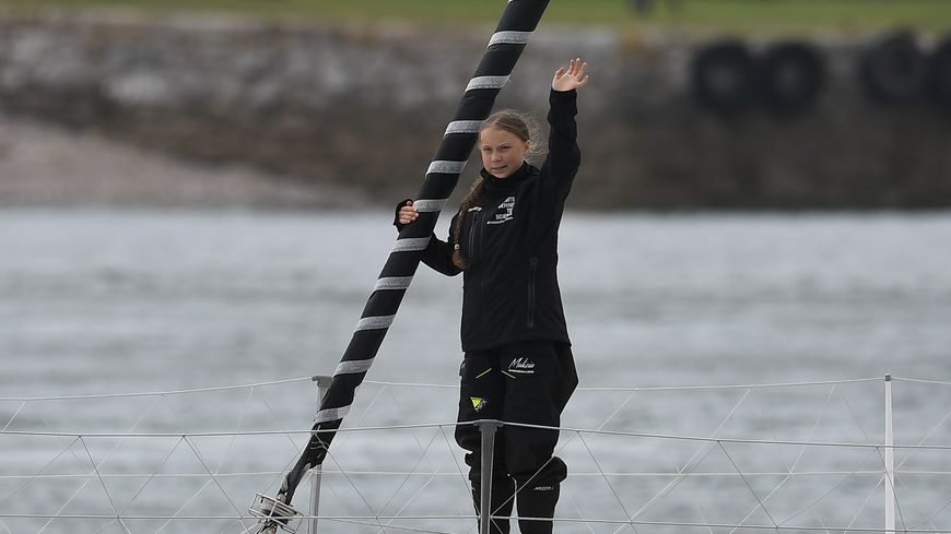 La Suédoise Greta Thunberg lors de son départ pour New York le 14 août à Plymouth (Angleterre)
