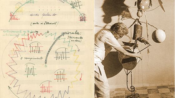 Page 3 de la partition d'"Anestesia" et Walter Smetak avec un de ses instruments-sculptures - waltersmetak.com.br