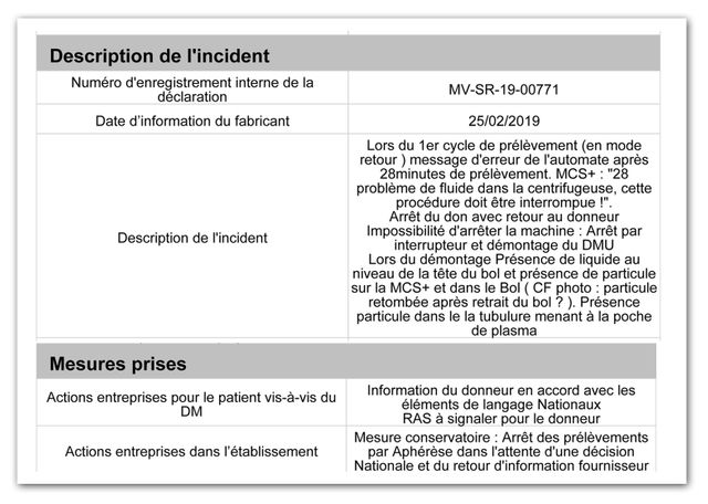 Rapport d'incident à l’EFS Martinique le 25 février 2019 sur une machine Haemonetics.