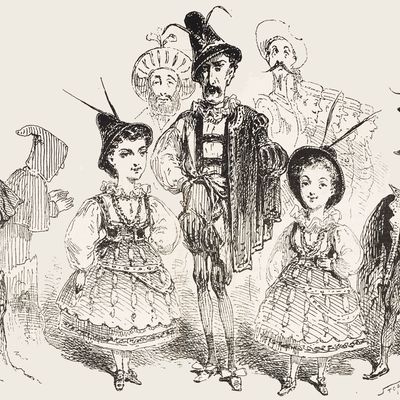 Personnages de "Geneviève de Brabant". illustration de Stop (Louis Morel-Metz) pour le journal Amusant, 1868