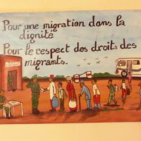 A Niamey, tableau peint pour l’ONG nigérienne JMED, qui lutte contre la pauvreté pour retenir les jeunes qui veulent partir.
