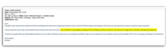 Extrait d’un échange de mails interne à Haemonetics en décembre 2011.