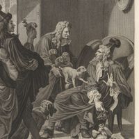 Gravure extraite des "Oeuvres de Jean Racine", illustration pour "Les Plaideurs" Acte III, scène III.