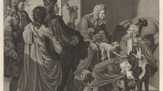 Gravure extraite des "Oeuvres de Jean Racine", illustration pour "Les Plaideurs" Acte III, scène III. - Collection Metropolitan Museum of Art, Domaine public