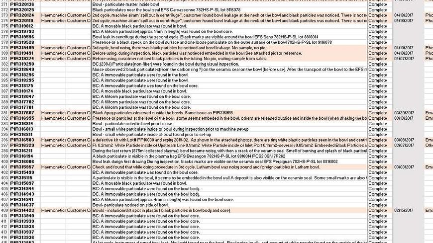 Extrait des incidents “particules” répertoriés par Haemonetics.