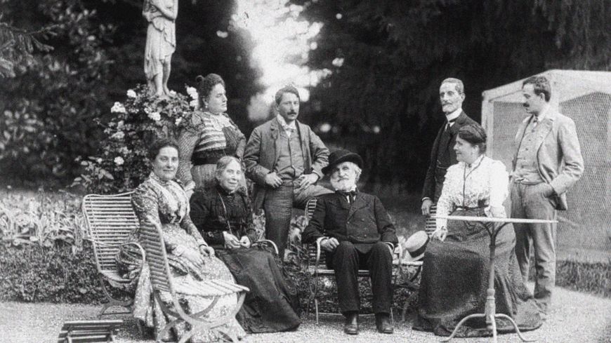 Giuseppe Verdi avec Giuseppina Strepponi (à droite), sa fille adoptée Maria Carrara et ses amis