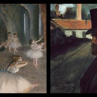 La répétition d'un ballet sur la scène et Henri Rouart devant son usine