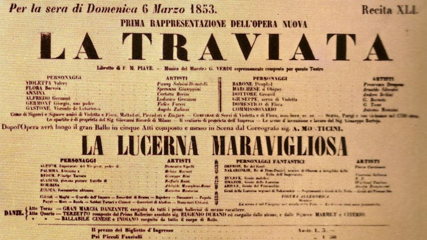 Affiche pour la première de La Traviata à la Fenice, le 6 mars 1853