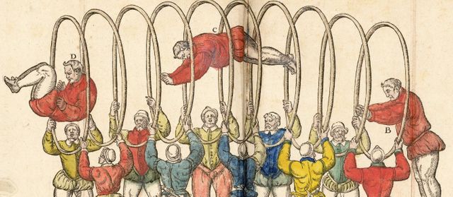 Saut au « trampellin » à travers des cerceaux Trois dialogues du sieur Archangelo Tuccaro dans l’Art de Sauter et Voltiger en l’air dédié au Roy, IIe dialogue, NP Chez Claude de Monstr’oeil (Paris), 1599 BnF, département des Arts du spectacle, 8-RO-1
