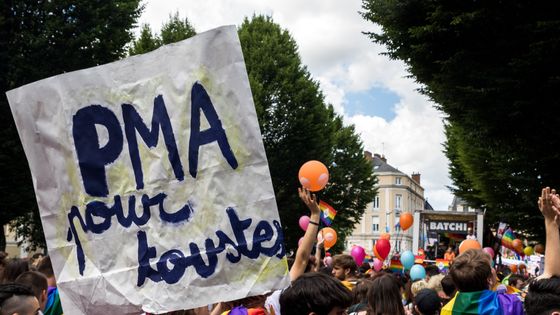Une pancarte PMA pour toutes au dessus du cortege de la gay pride lors de la marche des fiertés 2019 à Rennes le 8 juin 2019. ©AFP - Maud Dupuy / Hans Lucas