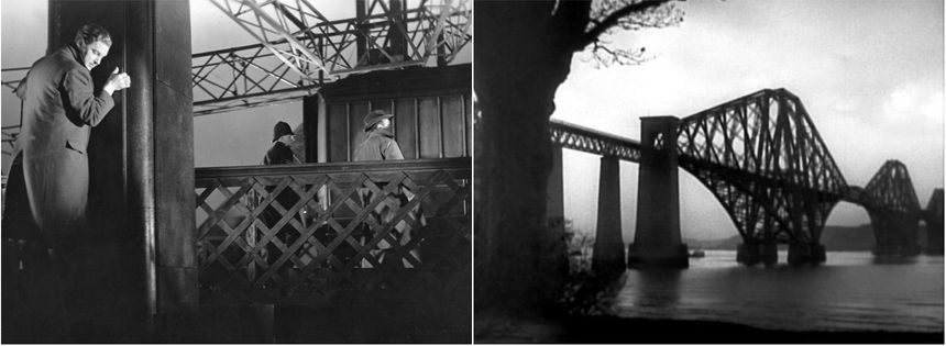 Scènes extraites du film d'Alfred Hitchcock, "Les 39 marches" (1935), où le célèbre pont Forth en Ecosse apparaît