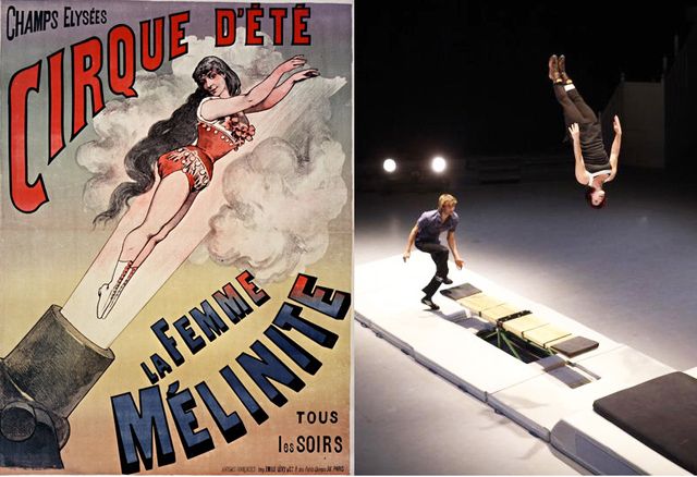 Affiche pour le numéro de femme-canon au Cirque d’été, imprimerie Émile Lévy (Paris), 1887/ Jérôme Hugo, Amaia Valle, bascule. Présentations individuelles de la 23e promotion du CNAC, 6 septembre 2011. CNAC Centre de Ressources et de Recherche
