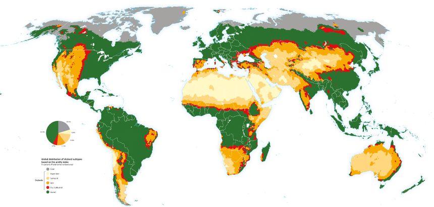 Capture d'écran de l'Atlas mondial de la désertification de la Commission européenne. Ici, la répartition des terres arides sur la planète.