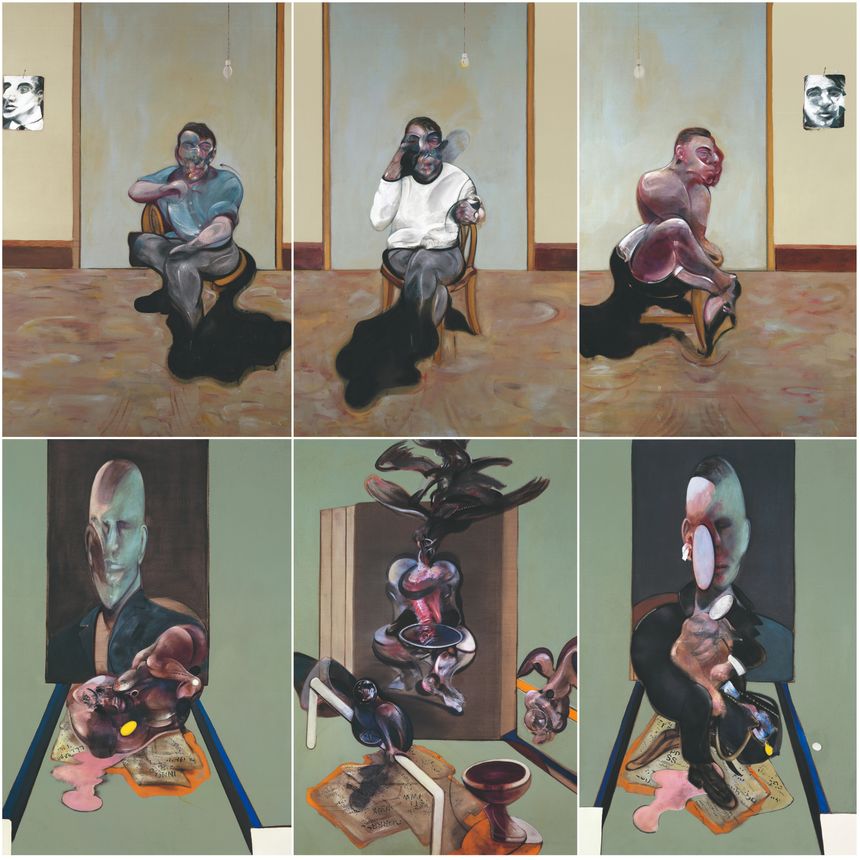 Triptych, 1976 Huile sur toile, pastel et lettres en transfert , 198 x 147.5 cm Collection privée // Three Portraits – Posthumous of George Dyer; Self-Portrait; Portrait of Lucien Freud, 1973 Huile sur toile, chaque panneau198 x 147.5 cm Collection p