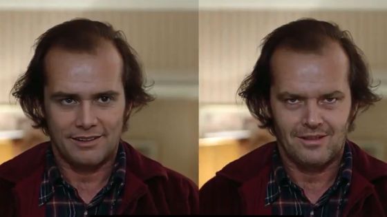 Deepfake réalisé à partir du film « Shining » de Stanley Kubrick. A gauche, l'acteur Jim Carrey, alors que dans le film, le personnage principal est interprété par Jack Nicholson, à droite de l’image. Réalisée par @ctrl_shift_face - Capture d’écran d’une vidéo extraite du compte twitter @ctrl_shift_face