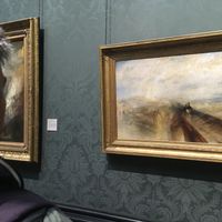 Tanguy Viel à la National Gallery (Londres) devant "Pluie, Vapeur et Vitesse - Le Grand Chemin de fer de l'Ouest" de Turner ("Rain, Steam and Speed - The Great Western Railway")