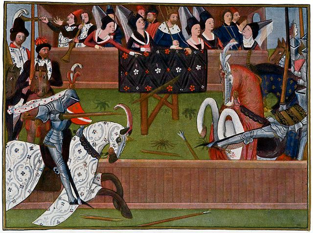 Deux chevaliers lors d'un tournoi sous le regard du roi de France, illustration manuscrite du roman de Sire Jehan de Saintre par Antoine de La Sale (1470)