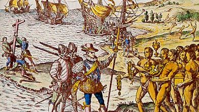 La découverte des Amériques, gravure de Théodore de Bry. Les mœurs indigènes qui fascinent Montaigne nourrissent le relativisme des Essais