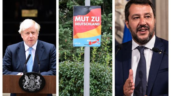 Boris Johnson, un panneau pour le parti allemand AFD, Matteo Salvini. ©Getty