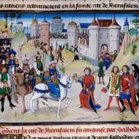 La prise de Jérusalem par Saladin, en 1187 Miniature de la "chronique abrégée" de David Aubert, XVe siècle. Bibliothèque Arsenal, Paris, France