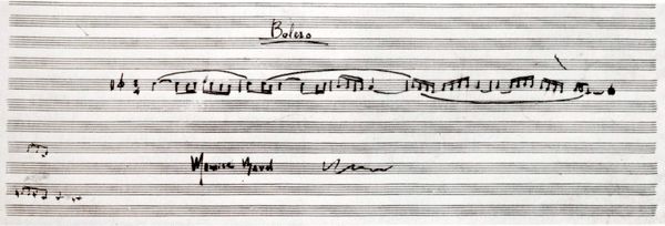 Manuscrit signé de Maurice Ravel reproduisant les cinq premières mesures du Boléro.