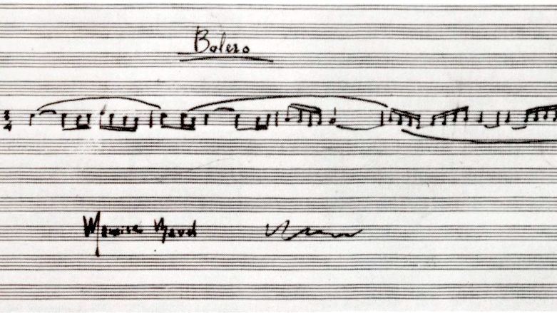 Manuscrit signé de Maurice Ravel reproduisant les cinq premières mesures du Boléro.