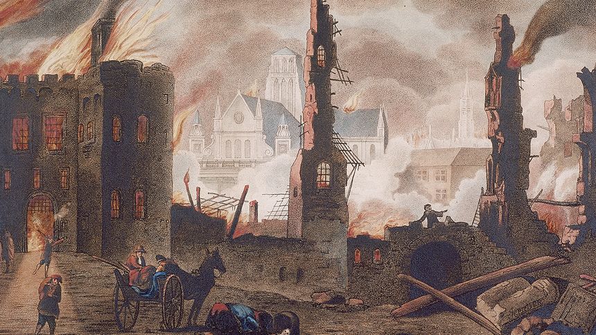 Représentation a posteriori du grand incendie qui ravagea Londres en 1666.