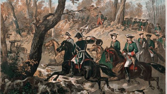 Chasse, forêt de Compiègne, l'empereur Napoleon III & son épouse Eugénie, gravure c.1855. Zola : "Des groupes de dames & de chasseurs en uniforme faisaient au centre un sujet de tableau ancien, une chasse sous Louis XV, ressuscitée dans l'air blond" ©Getty - Museo del Risorgimento, Milan Italy. Leemage/Universal Images Group via Getty