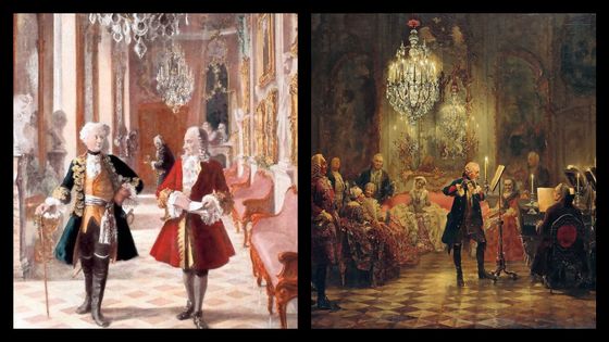 Frédéric le Grand et Voltaire et Frédéric II de Prusse jouant de la flûte au palais Sanssouci - Georg Schöbel / Adolph von Menzel