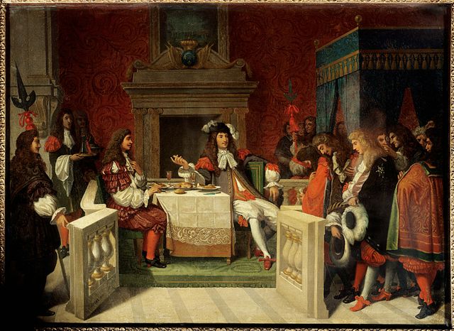 "Louis XIV et Moliere" : le roi Louis XIV (1638-1715) et Jean Baptiste Poquelin dit Moliere (1622-1673) a table devant les courtisans. Peinture de Jean Auguste Dominique Ingres (1780-1867), 1857
