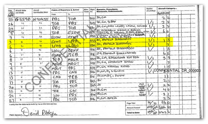 Extrait du carnet de vol d’un des pilotes de Jeffrey Epstein, dans lequel on peut voir le premier vol du milliardaire vers Paris.