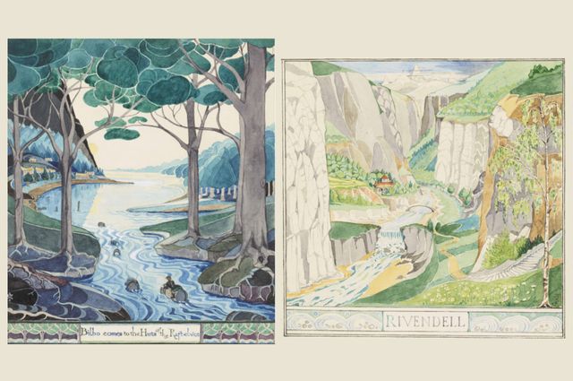 Illustrations originales du "Hobbit" en 1937. A gauche, Bilbo arrive aux huttes des Elfes des radeaux. A droite, Fendeval