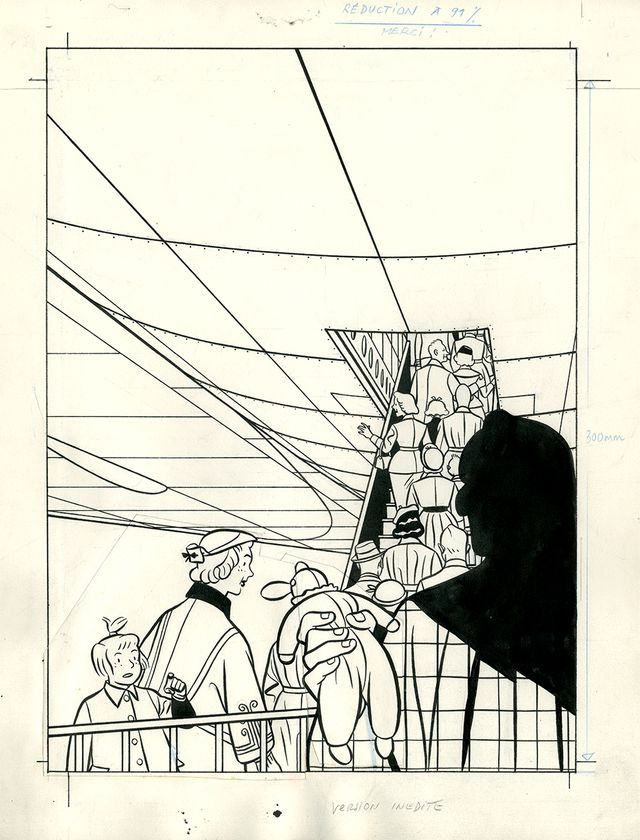 Freddy Lombard, F-52 par Yves Chalans. Projet pour la couverture. Coscénario de Yann, encre de Chine au pinceau en octobre 1989 - Tiré du livre 'Yves Chaland, une vie en dessins"