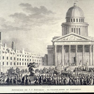 Gravure de la Révolution française tirée de TABLEAUX HISTORIQUES DE LA REVOLUTION FRANCAISE, cérémonie au cours de laquelle les restes de Rousseau ont été installés au Panthéon pendant la Révolution