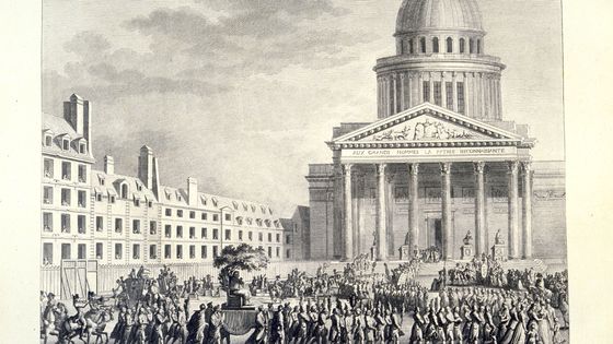 Gravure de la Révolution française tirée de TABLEAUX HISTORIQUES DE LA REVOLUTION FRANCAISE, cérémonie au cours de laquelle les restes de Rousseau ont été installés au Panthéon pendant la Révolution ©Getty - Time Life Pictures / Mansell / La collection d'images LIFE