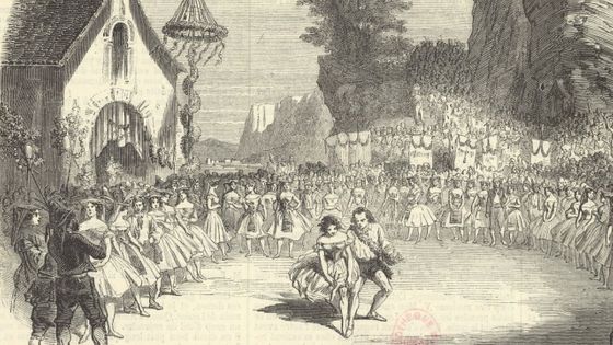 Théâtre de l'Opéra, Stella (ballet), 2e acte, dernier tableau. Décoration de M. Thierry et Cambon. La sicilienne, madame Cerrito et M. Saint-Léon. Estampe. H. Valentin - Gallica-BnF