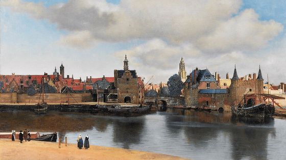 "Vue de Delft" peint par Johannes Vermeer vers 1660-1661, avec à droite le "petit pan de mur jaune" si cher à Marcel Proust (Mauritshuis, La Haye)