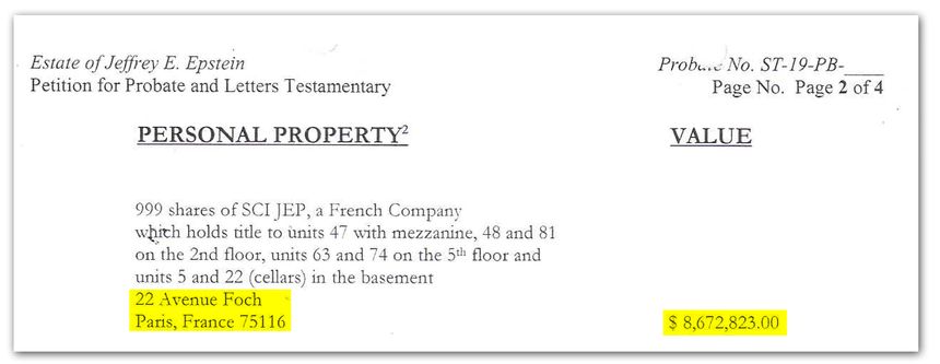 Extrait du testament de Jeffrey Epstein, qui indique que son appartement parisien vaut 8,7 millions de dollars.