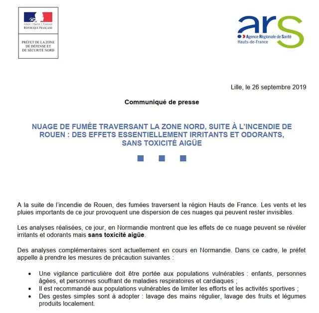 La préfecture du Nord et l'ARS notent que "des fumées traversent les Hauts-de-France", mais en excluent la "toxicité".