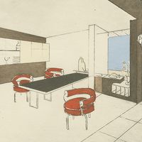 Charlotte Perriand, Perspective du Bar et de la salle à manger de la place Saint-Sulpice, 1924.