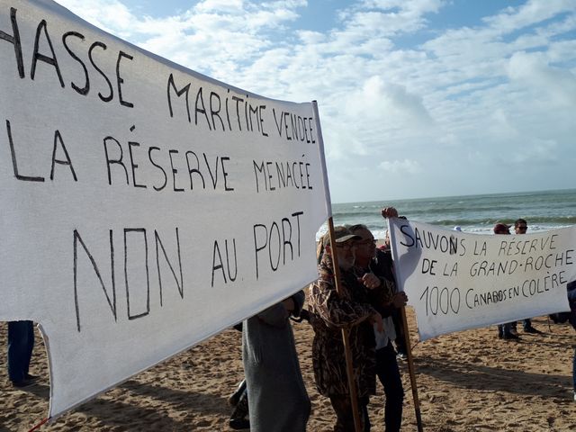 Quelque 2500 personnes se sont rassemblées, armés de banderoles et de pancartes, sur la plage de la Normandelière contre le projet de port de plaisance à Brétignolles-sur-Mer le 6 octobre