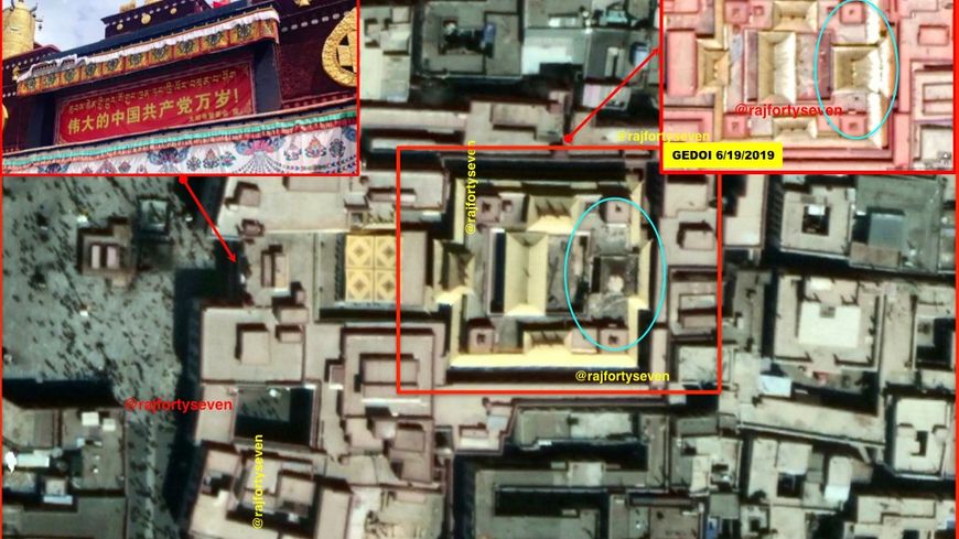 Monastère de Jokhang, à Lhassa, reconstruit en partie dans "le style chinois" après un incendie. Avec désormais une bannière qui souhaite "Longue vie au grand parti communiste chinois".