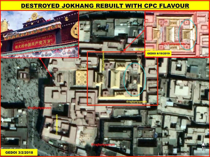 Monastère de Jokhang, à Lhassa, reconstruit en partie dans "le style chinois" après un incendie. Avec désormais une bannière qui souhaite "Longue vie au grand parti communiste chinois".