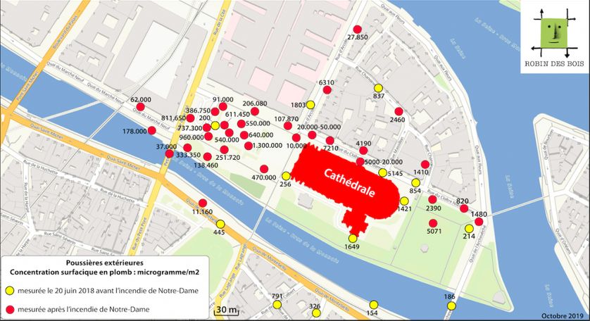 Carte des poussières extérieures de plomb autour de Notre-Dame, le 20 juin 2018 (en jaune) et après l’incendie du toit de la cathédrale (en rouge).