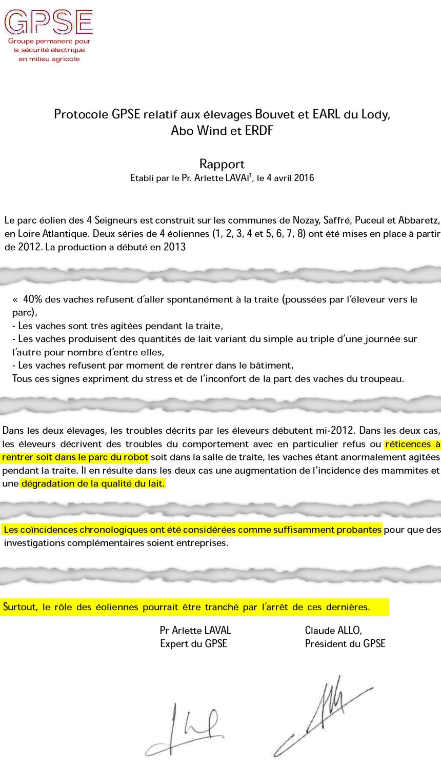 Protocole du GPSE concernant les exploitations voisines du parc éolien des Quatre seigneurs.