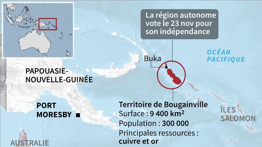 Carte localisant le territoire de Bougainville qui pourrait quitter le giron de la Papouasie-Nouvelle-Guinée.